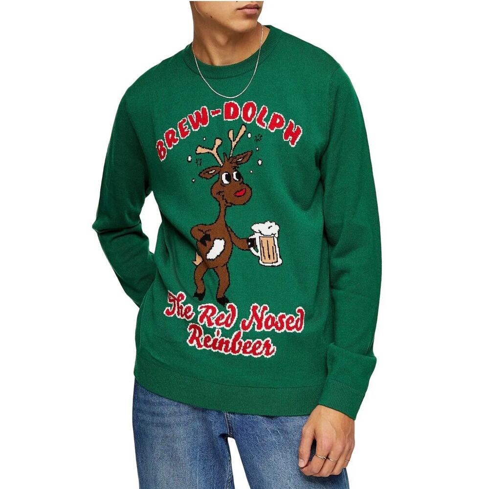 Topman Brew-Dolph Men's Size XS Green The Red Nose Rainbeer Crew Neck Sweater